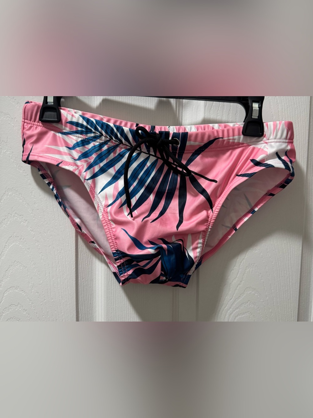 Pink Tropical Print Swim Briefs with Navy Leaf Accent